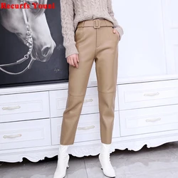 Women Trousers 2023 Femme Genuine Leather High Waist Radish Pants With Belt Mujer Nine-point Beige/Black Slim Pencil Pantalones