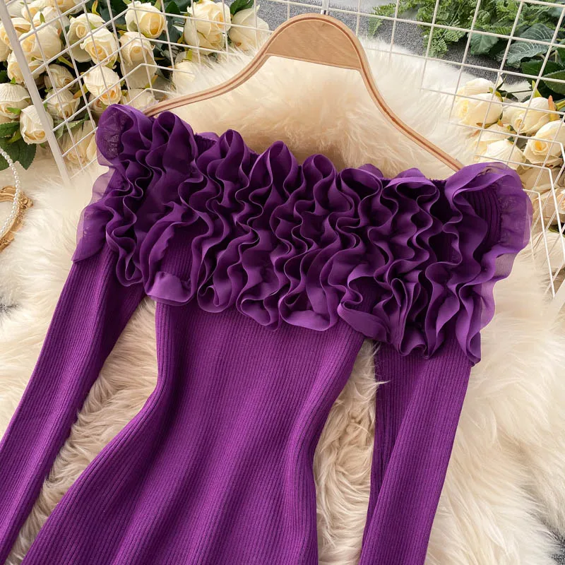 Sexy Slash Neck Off Shoulder Knitted Tops Women Elegant Purple/Red/White 3D Flower Long Sleeve Slim Shirt Female Blouse Spring