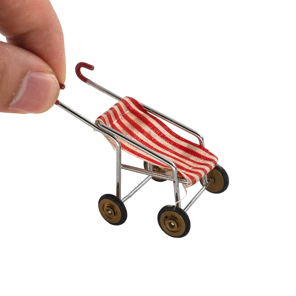 1/12 Dollhouse Miniature Accessories Mini Metal Baby Carriage Simulation Pushcart Model Toys for Doll House Decoration