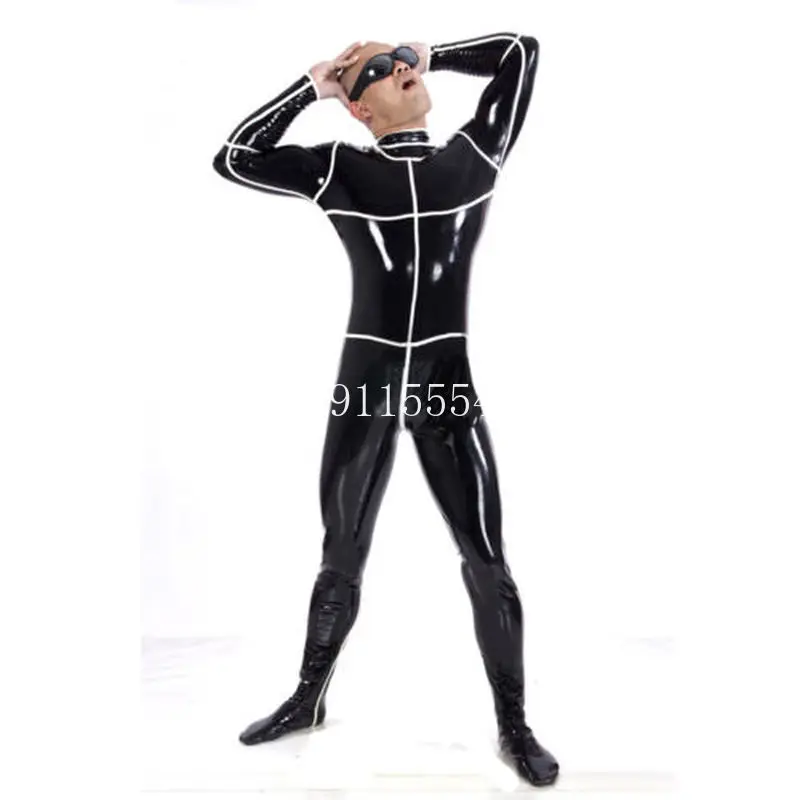 Sexy Handmade Unisex Latex Catsuit with White Trims with Socks Tight Transvestite Back Zipper Bodysuit for Men