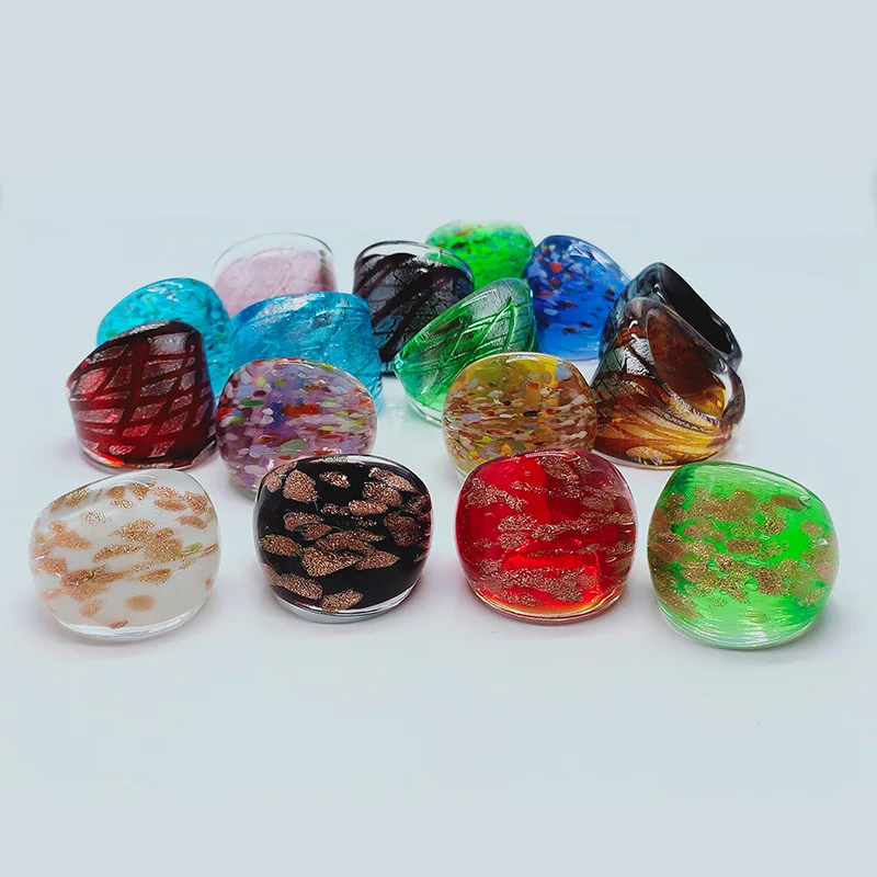 16PCS Mixed Vintage Murano Glass Lampwork Ring For Women Unisex Fashion Handmade Charm Finger Rings Jewelry Gifts Wholesale