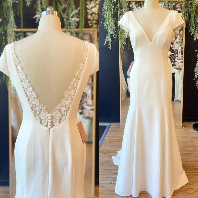 Crepe Bidal-vestido de boda con cuello en V profundo y espalda descubierta, vestido de columna de novia con mangas, 2021