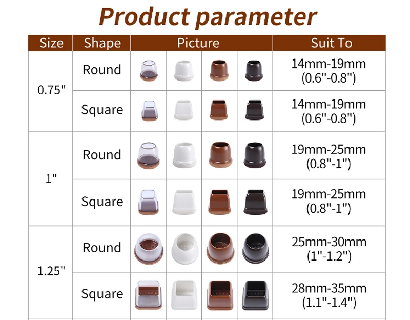 32PCS Table Chair Leg Floor Caps Cover Protectors Non Slip Square TPR Furniture Glides Feet Felt Pads Hardwood Floors Protector