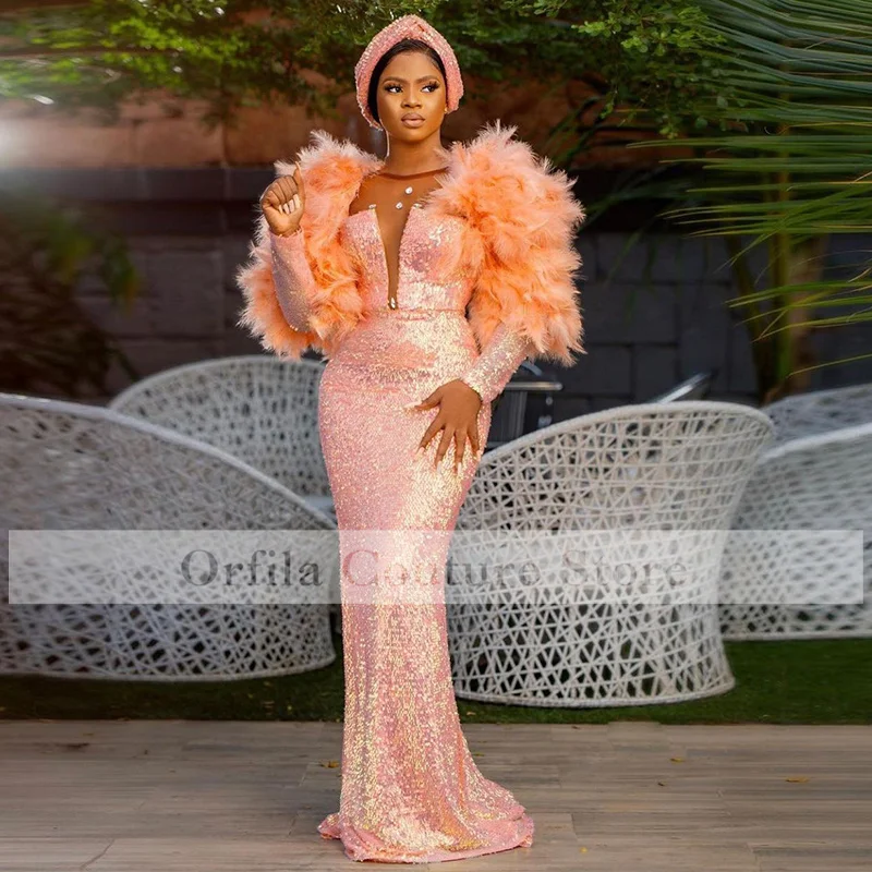 vestidos elegantes para mujer Prom Dress Mermaid 2021 Long Sleeves Sequins with Feather vestidos de gala Evening Party Gowns