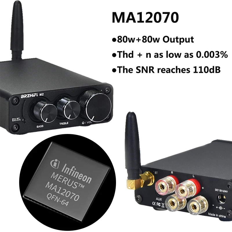 

Цифровой усилитель мощности Infineon MA12070, 2*80 Вт, для HiFi аудио колонок, Bluetooth 5,0, QCC3003, стерео, для рабочего стола, класс D, усилитель, Aux 3,5