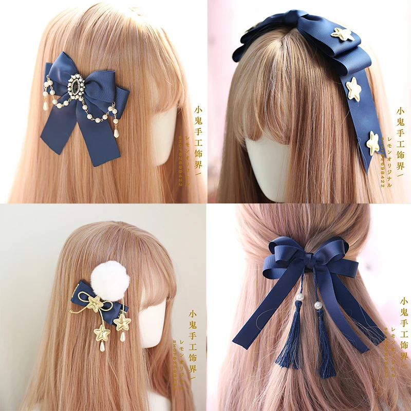 Dark blue large bow tie clip hair ring pearl lolitakc headband handmade bow Lolita headdress