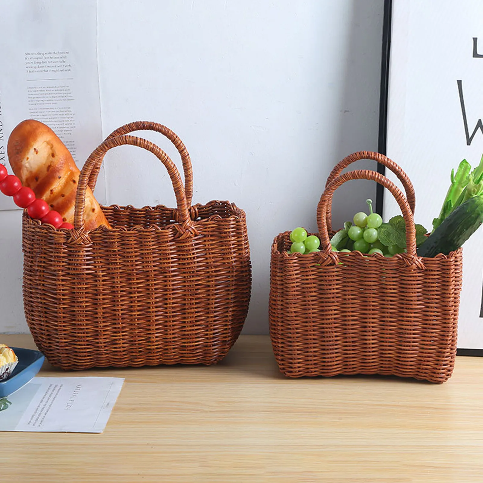 Plastic Rattan Shopping Wicker Basket Picnic Basket With Handle Natural Woven Storage Organizer For Fruit And Vegetable