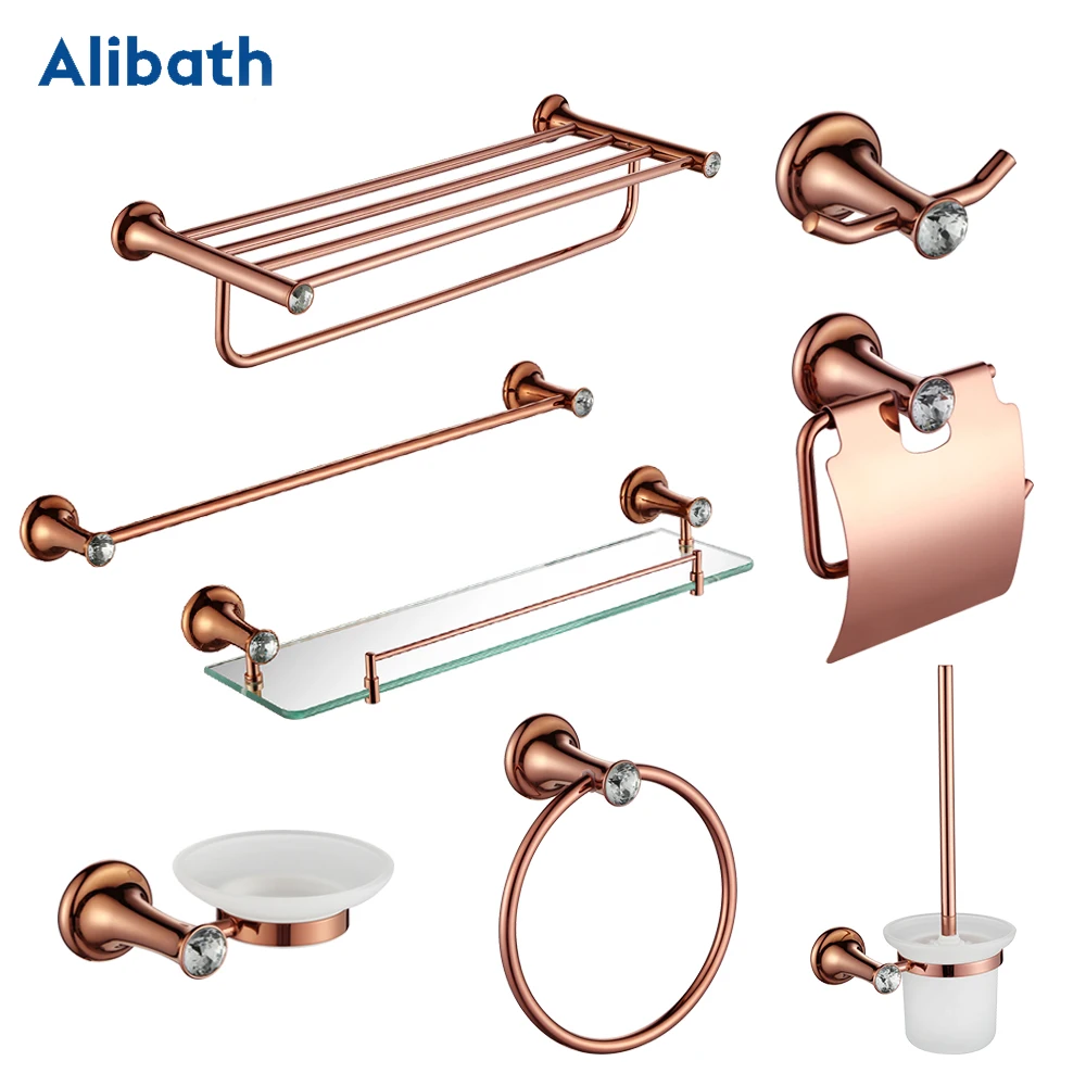 Luxury Rose Gold Bathroom Accessories Brass Wall Mounted Toilet Brush Paper Towel Holder Rack Glass Shelf Bath Hardware Set.