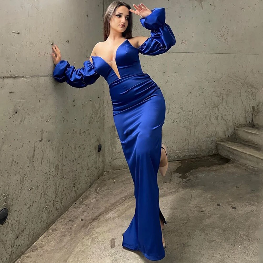 Robe De Soirée sirène bleu Royal, sans bretelles, épaules dénudées, longue fente latérale, Sexy