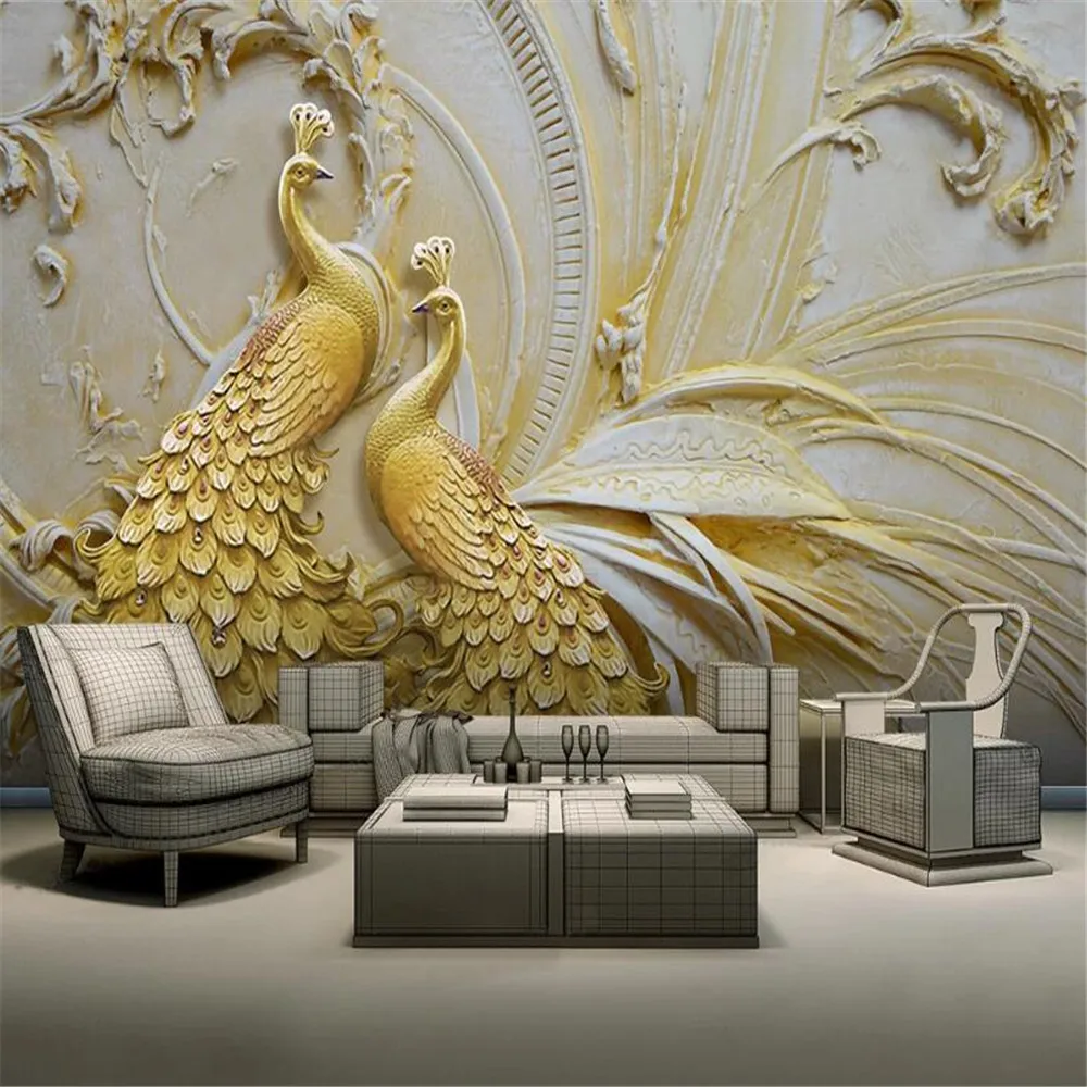 

Milofi customized large photo wallpaper mural 3D European three-dimensional relief golden peacock background wall mural decorati