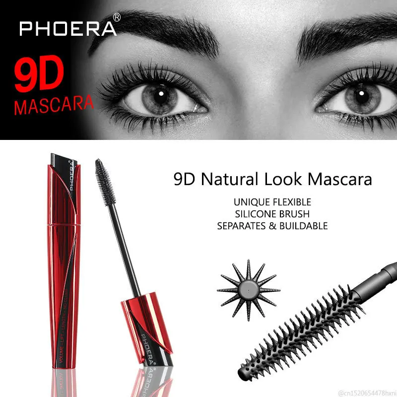 PHOERA Schwarz 9D Mascara Rimel für Wimpern Verlängerung Dicke Wasserdichte Natürliche Verlängerung Curling Seide Faser Lash Make-Up TSLM1