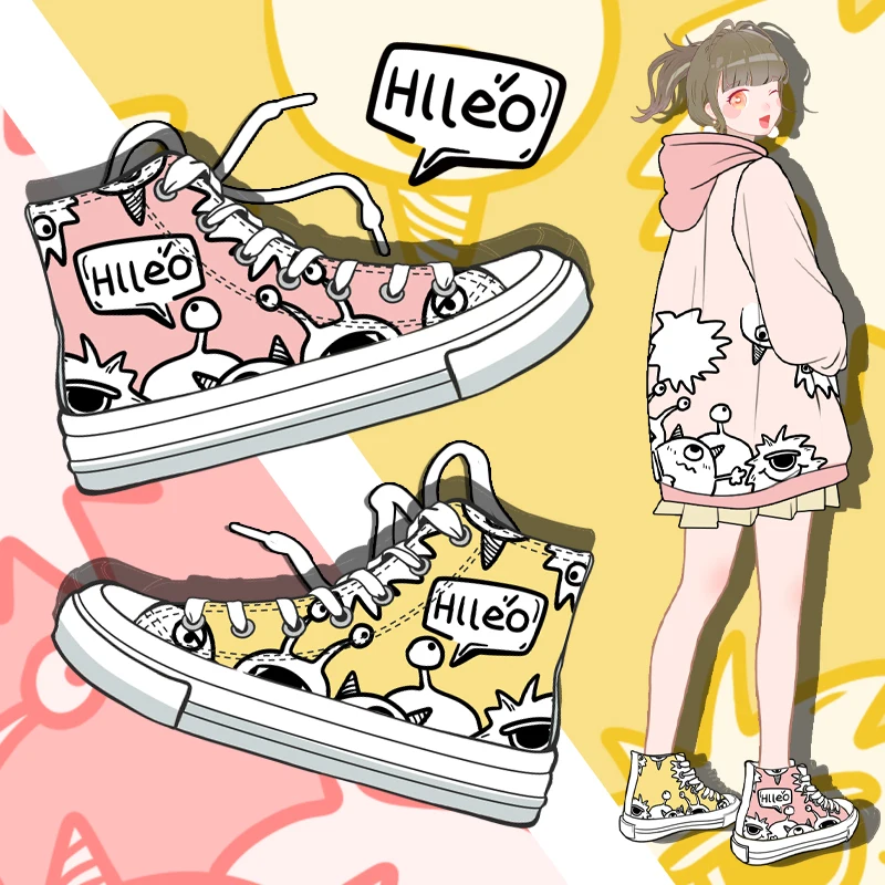 Amy and Michael Original Design Anime Monster Hand Painted Canvas Shoes Campus Young Girl Students Graffiti Sneakers Women Flats