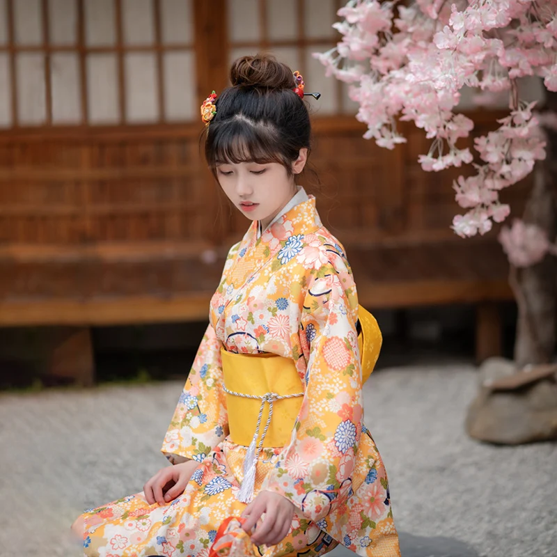 

Women's Cosplay Wear Japan Traditional Summer Yukata Yellow Color Fan Lovely Fan Prints Kimono Photo Shot Clothing