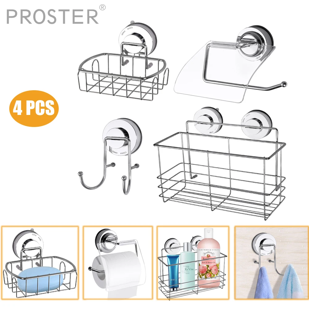 Proster 4 packs Suction cup hook soap dish storage kitchen storage basket bathroom shampoo conditioner toilet paper roll holder