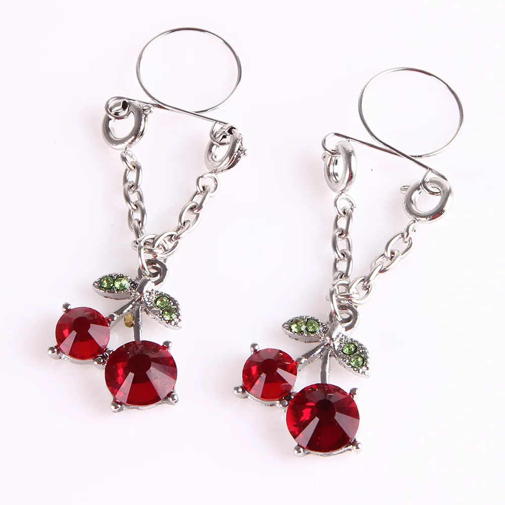 1Pair Adjustable Cherry Non Pierced Nipple Dangles Stainless Steel Rhinestone Fake Nipple Piercing Ring Sexy Body Jewelry