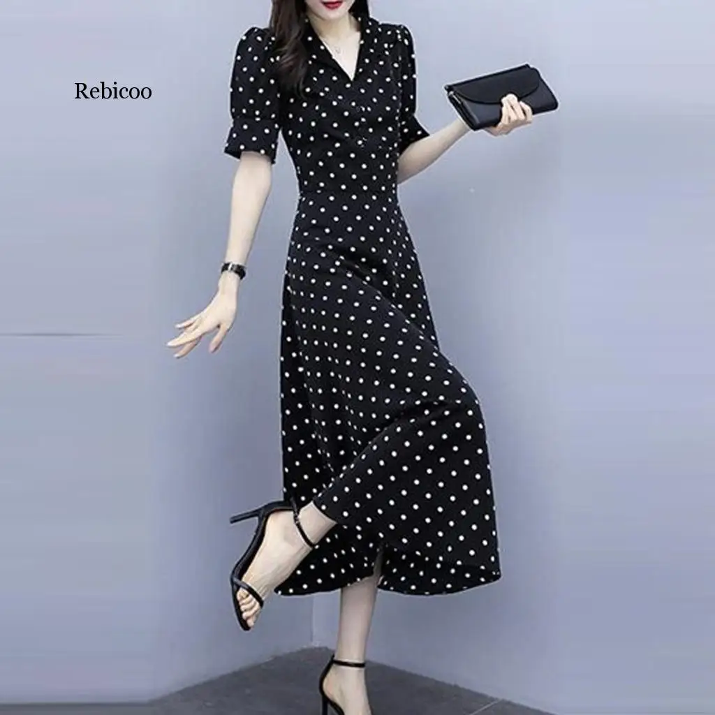 

Wave Point Printing Dress Women V Neck Retro Long Dresses Short Sleeve Summer Office Ladies Elegant Dress