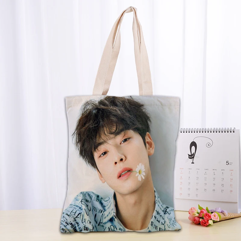 KPOP Cha EunWoo Tote Bag Women Canvas Fabric Bags Eco Reusable Shopping Bags Traveling Beach Casual Useful Shoulder Bag