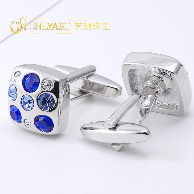 High End Hot Seller Men Accessory Metal Blue And White Crystal French Shirt Cuff Button Cufflinks For Male Gift Jewellery