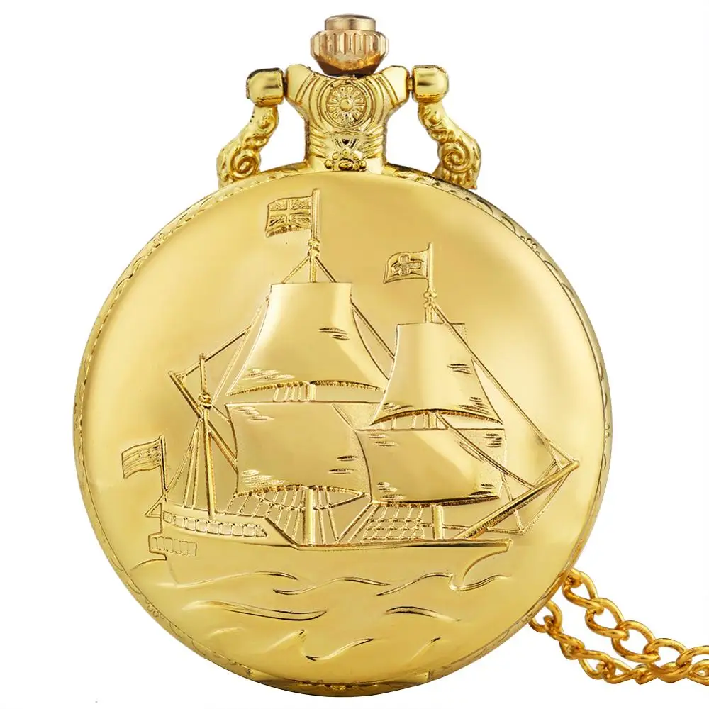 Top Luxury Color oro barca a vela vela Design orologi da tasca al quarzo orologio con ciondolo catena Fob collana orologi per uomo donna