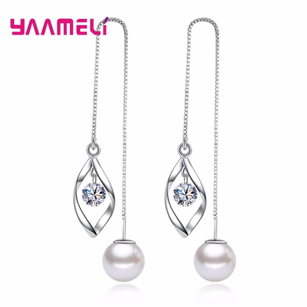 S925 Silver Color Box Chain Thread Earrings for Women Girls Wedding Engagement Freshwater Pearl Qualified Cubic Zirconia Jewelry