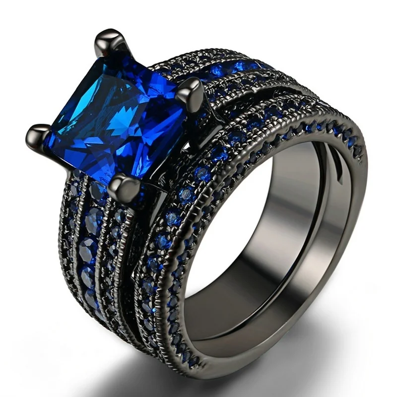 Fashion Black Gold Color Women Rings Set Elegant Blue Cubic Zircon Rhinestone Rings For Women Wedding Band Anniversary Jewelry