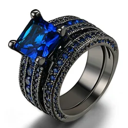 Conjunto de anillos de circonita cúbica azul para mujer, anillos de diamantes de imitación, banda de boda, joyería de aniversario, Color negro y dorado, elegante, moda