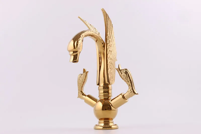 Free ship GOLD PVD single hole Double  Knobs bathroom basin swan faucet mixer tap