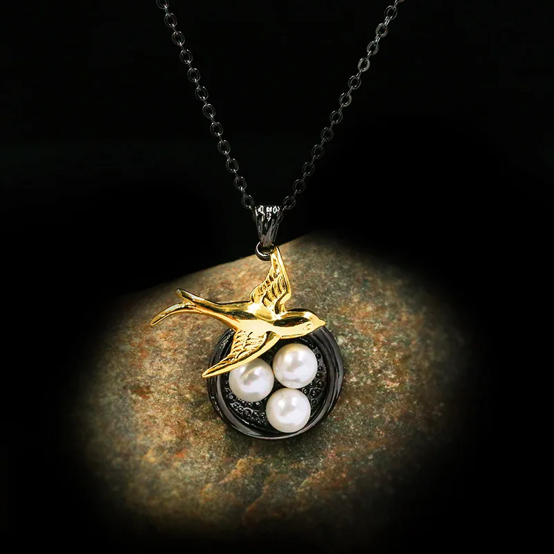 Original Design Sparrow Bird 925 Silver Pearls Pendant Necklace for Women Vintage Black Gold Short Chain Necklaces