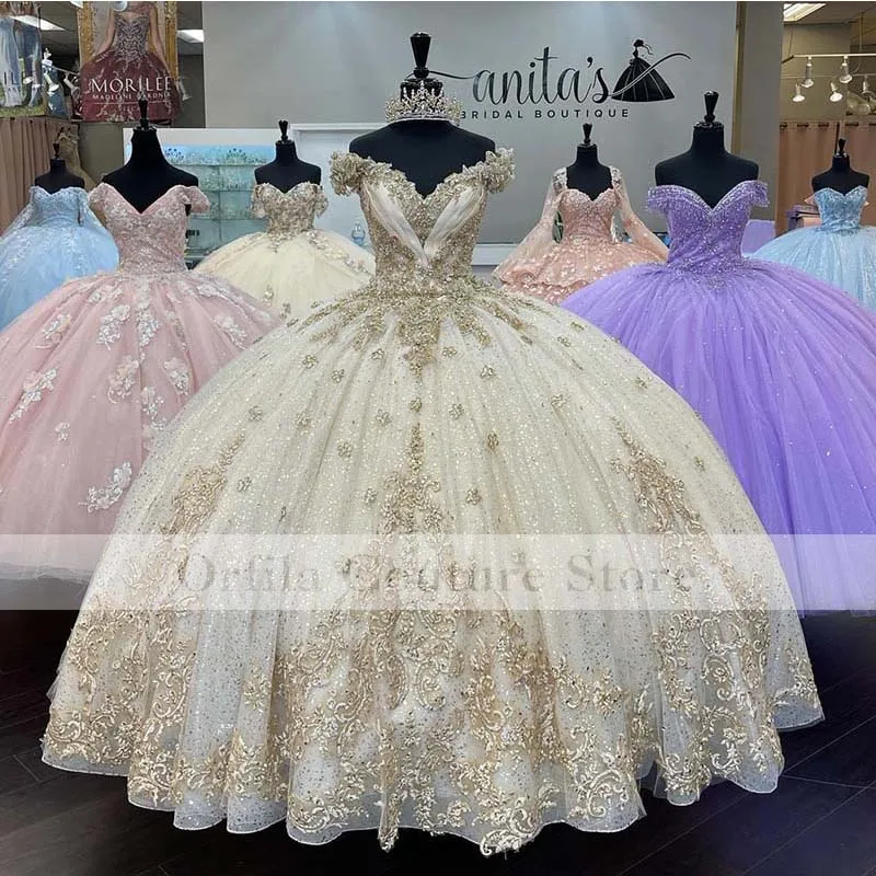 Vestidos De 15 Años Champagne Lace Quinceanera Dresses Cusomized Applique Sweet 16 Dress Off the Shoulder Mexican Prom Gowns