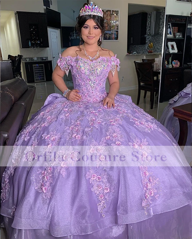 فساتين Quinceanera الليلك مع الدانتيل زين الحلو 16 فستان مطرز قبالة الكتف vestidos de 15 años 2021 فساتين حفلات