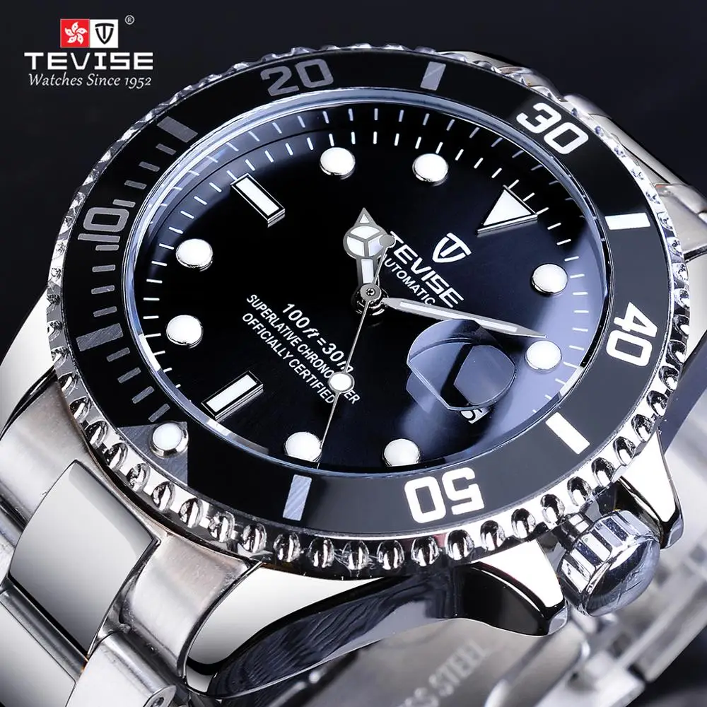 TEVISE สีดำ BEZEL เงิน Stainlsee เหล็กปฏิทินจอแสดงผล 2020 แบรนด์หรู Automatci นาฬิกาข้อมือนาฬิกายี่ห้อ Luxury