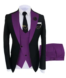 Purple Black Men Suits 3 Pieces Dress Wedding Groom Tuxedos Groomsmen Slim Fit Best Man Party Suits Bridegroom