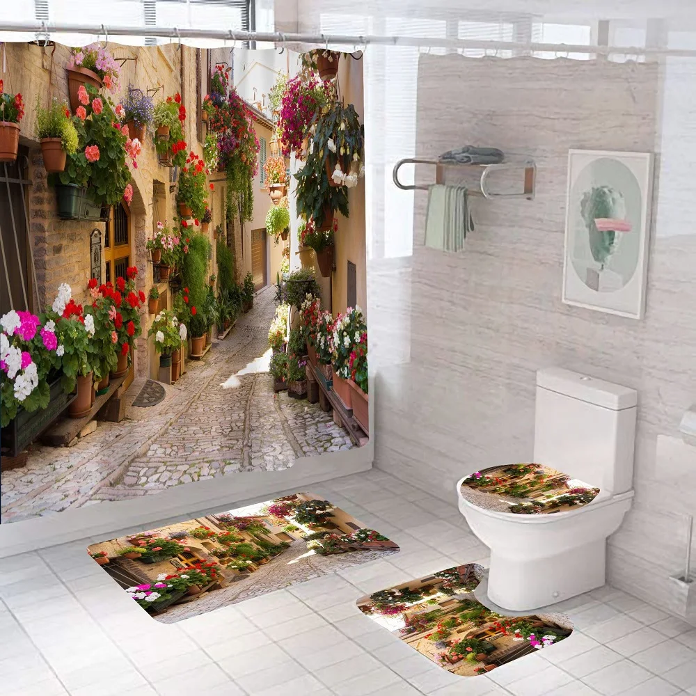 Fresh Flowers Doorway Street Shower Curtain Set Bath Rugs Toilet Cover Europe Alley Non-slip Mat Bathroom Curtains with Hooks