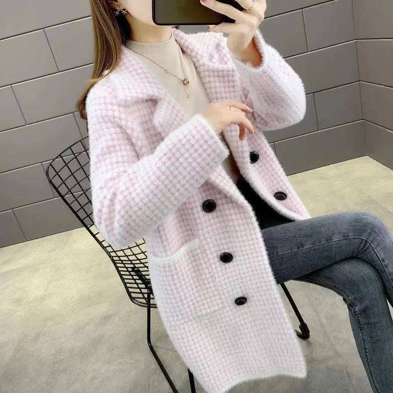 Faux Mink Cashmere Woolen Coat Women Mid Long Cardigan Outerwear Korean Winter Thick Loose Houndstooth Woolen Jacket Coat Female