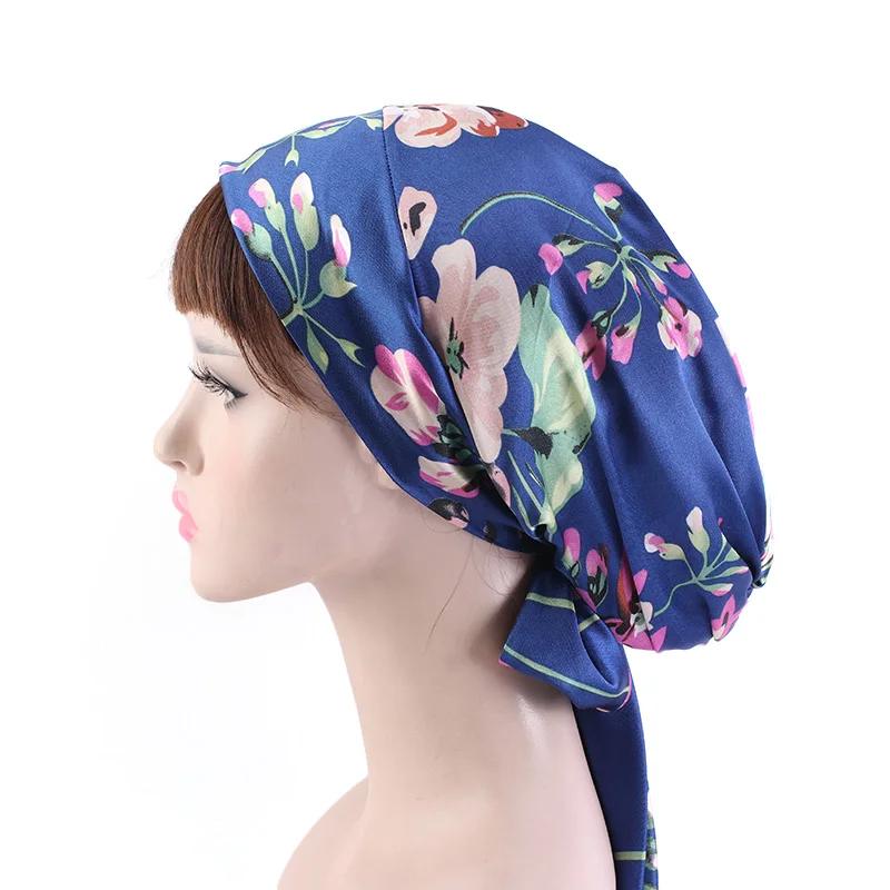 New Women silky satin night sleeping cap head wrap Bowknot Turban Pre Tied Fitted Bandana Chemo cap Nightcap hair loss patients