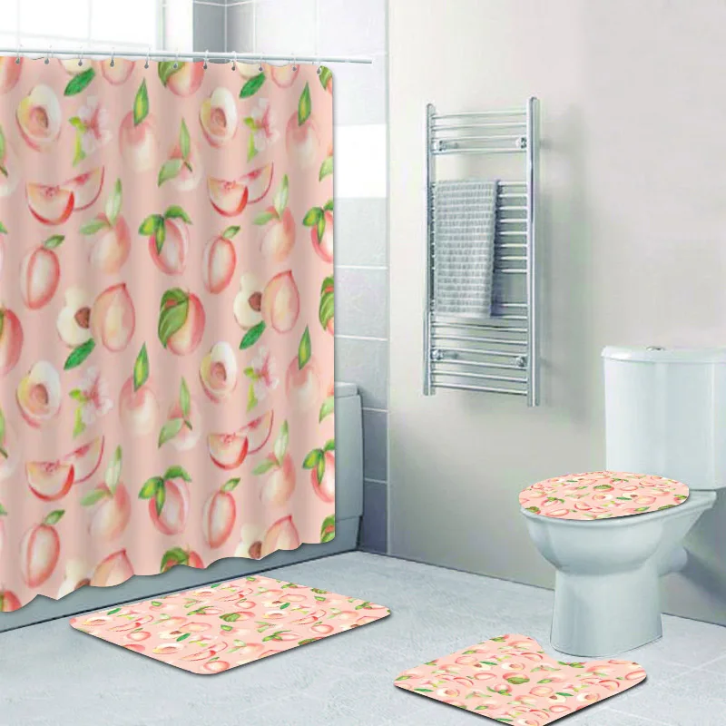 Stylish Hispter Summer Fruits Peach Shower Curtain Peach Bath Curtains Set for Bathroom Rugs Mats Watercolored Paint Home Decor