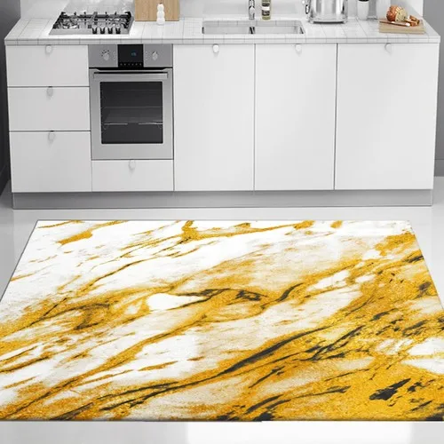 Else Carpet Yellow White Striped Marble Pattern Washable Non-Slip Base Kitchen Rug