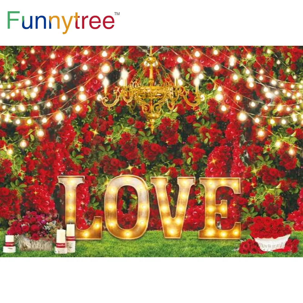 

Funnytree Love Red Rose Backdrop Happy Valentine's Day Romantic Anniversary Party Banner Photography Photo Booth Favors Gift