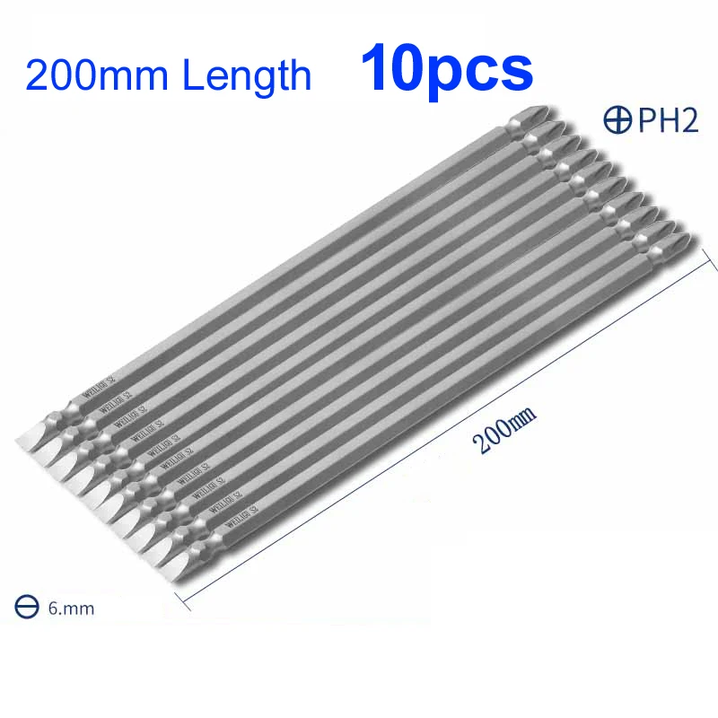 10pcs/set High Quality Magnetic Hex Shank Phillips PH2 & Slotted 6mm Double End Screwdriver Bits set 50mm 65mm 100mm 150mm 200mm