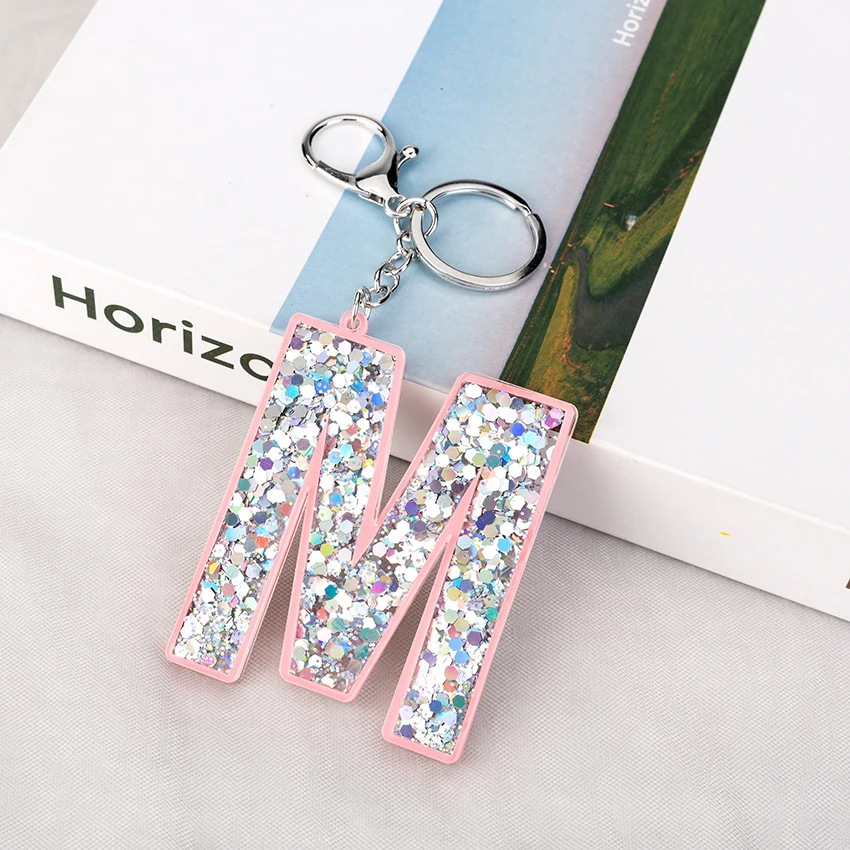 1PC Women Keychains  Glitter Hollowed-Out  Words Handbag English Letter Keyring  Charms  Car Pendants