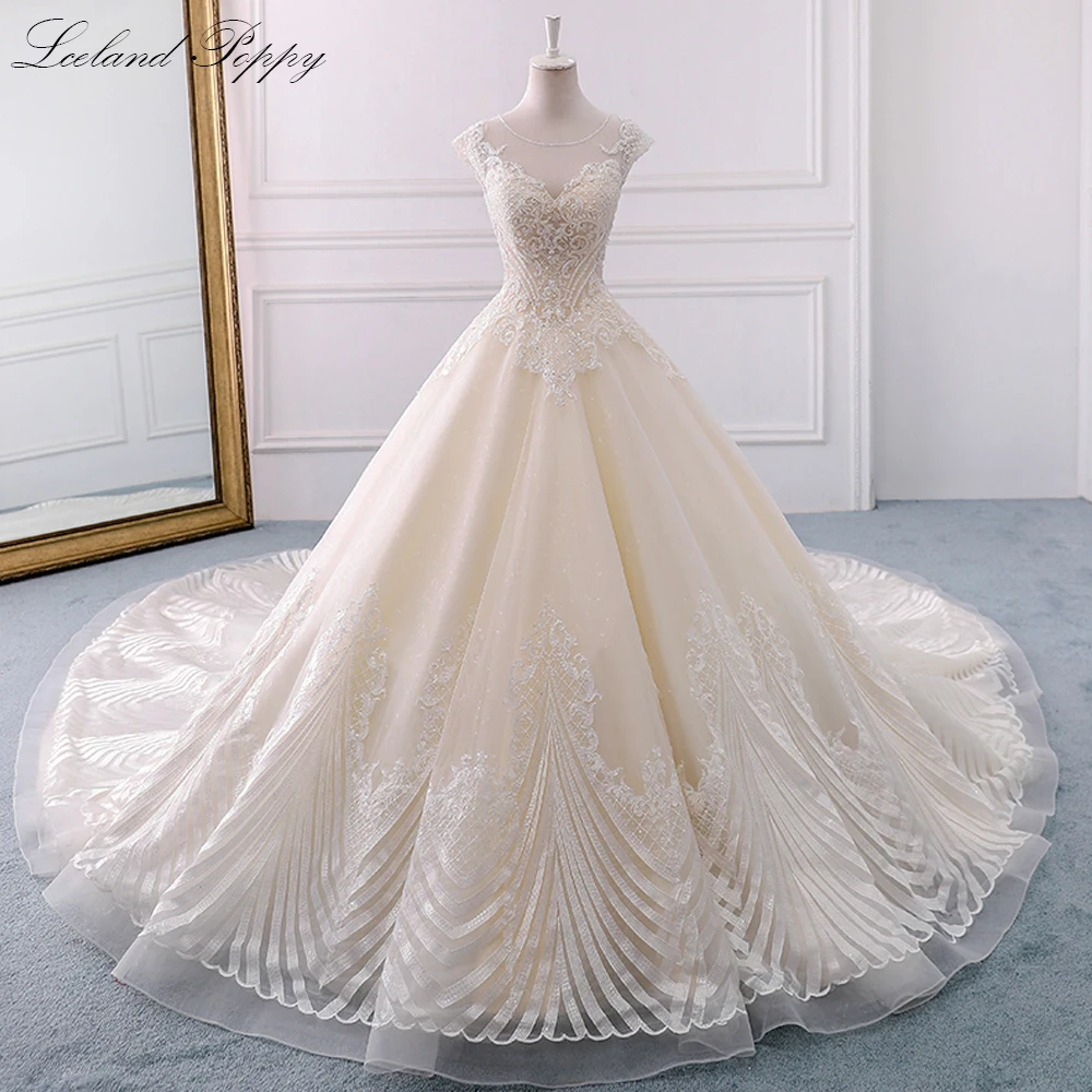 Lceland Poppy A-line Scoop Neck Champagne Wedding Dresses Cap Sleeves Crystal Beaded Bridal Gowns with Cathedral Train