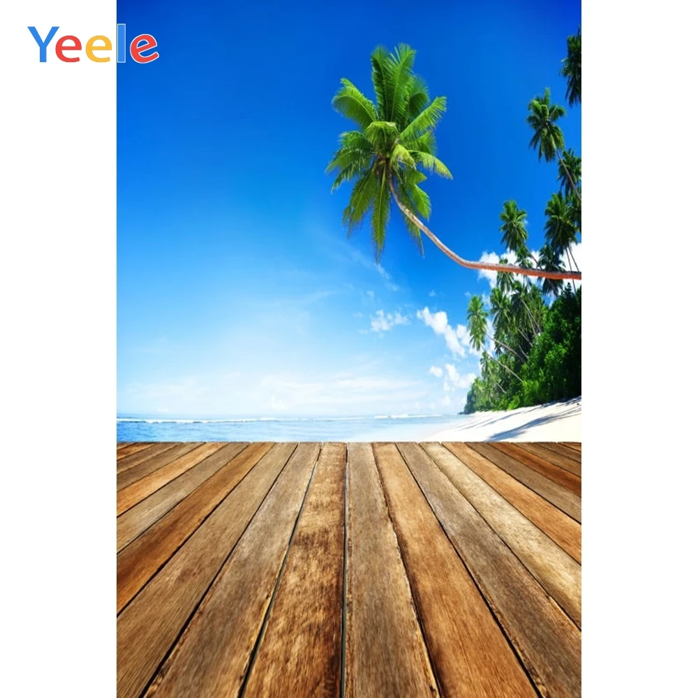 Фон для фотосъемки с изображением летних тропических морских и морских пейзажей, пляжа, пальм, неба, облаков, деревянной доски