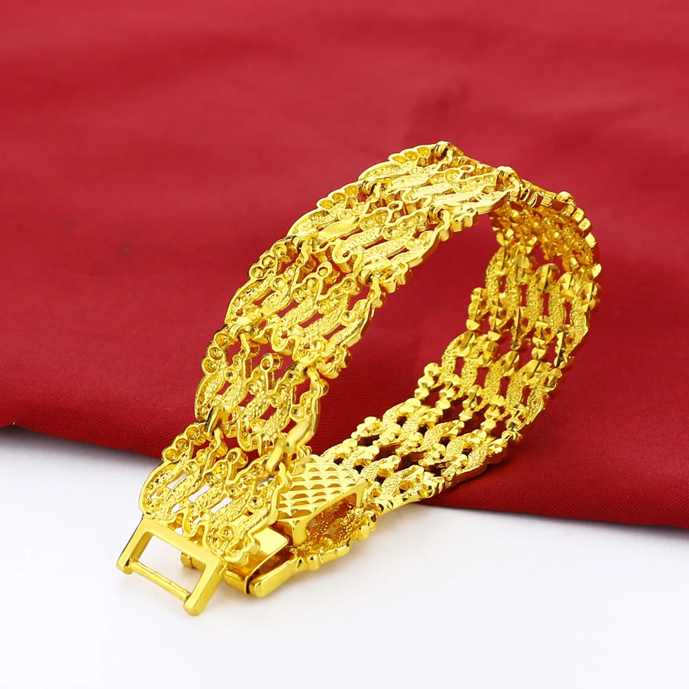 Real Plating 24K Gold Bracelet Wide 20MM Hollow Big Chain Link Bracelet Fashion Jewelry Gift For Charm Men Women Accessories