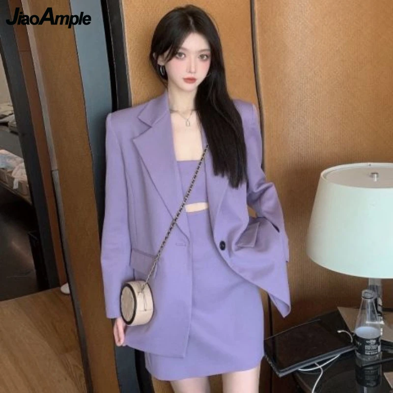 Women Autumn Two Pieces Dress Set 2022 Korean Office Lady Graceful Purple Suit Coat+Hollow Out Sling Dress Elegant Work Clothes