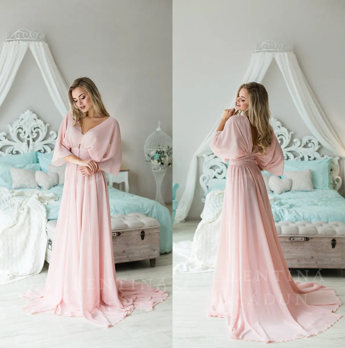 

Bathrobe for Women Pink Chiffon Full Length Lingerie Nightgown Pajamas Sleepwear Women's Luxury Gowns Housecoat Nightwear
