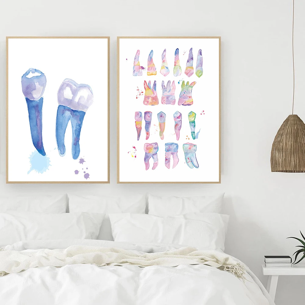 Dental Art Tooth Canvas Painting Watercolor Wall Art Poster Dental Hygienist Canvas Print Teeth Gifts Wall Pictures Clinic Decor