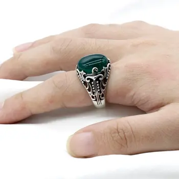 Skutečný 925 Sterling Silver Aqeeq prsten pro muže zelený přírodní achát kamenné šperky vintage dárek pro ženy mužský turecký dutý designový prsten 6 nejlepší prodej prsten aqeeq - №1