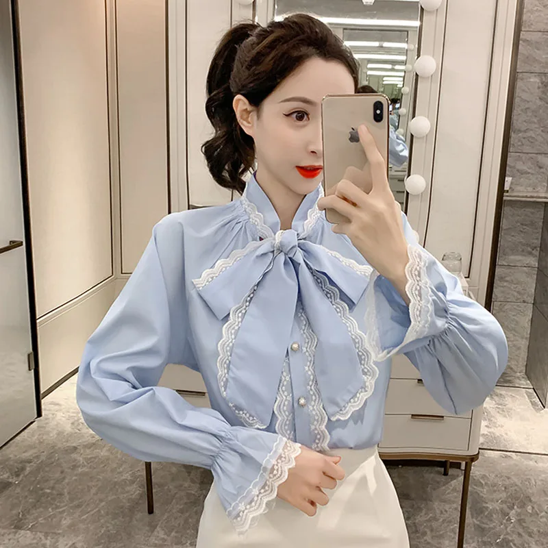 Frill Trim Shirt Mulheres Bow Knot Collar Festa Lanterna Manga Pliado Camisa Blusa Feminino Rendas Patchwork Moda Elegante Outono