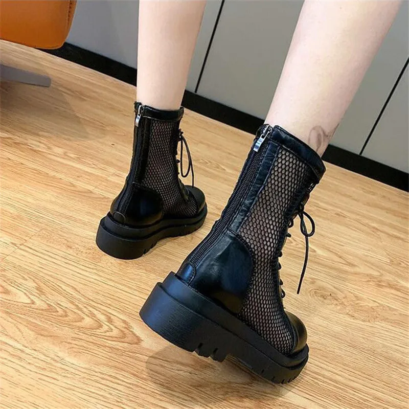 Summer Mesh Boots Women Fashion Lace Up Ankle Boots Woman Shoes Black Sandals Hollow Breathable Zipper Socks Boots Square Heel