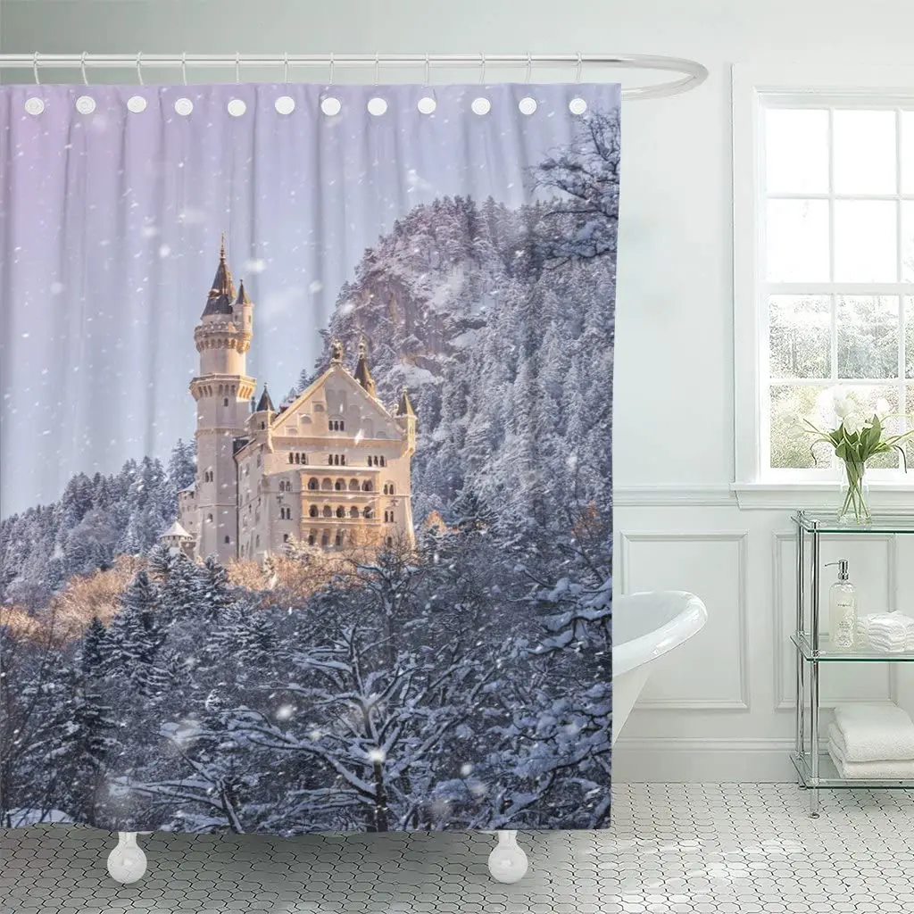 Blue Neuschwanstein Castle During Sunrise in Winter Landscape Germany Shower Curtain Waterproof 60 x 72 inches Set with Hooks